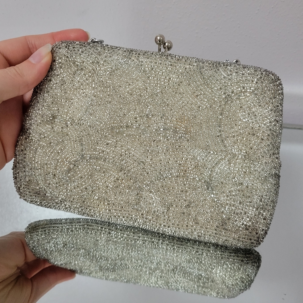 Vintage Silver Beaded Satin Lined Small Clutch Handmade In Japan